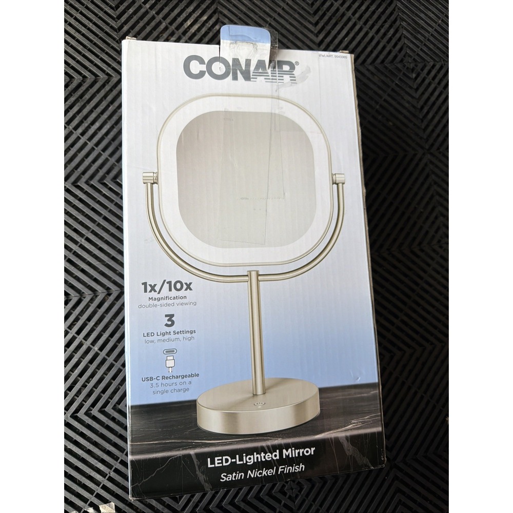 Conair LED Lighted Mirror Satin Nickel USB-C Rechargeable 1x/10x Magnification